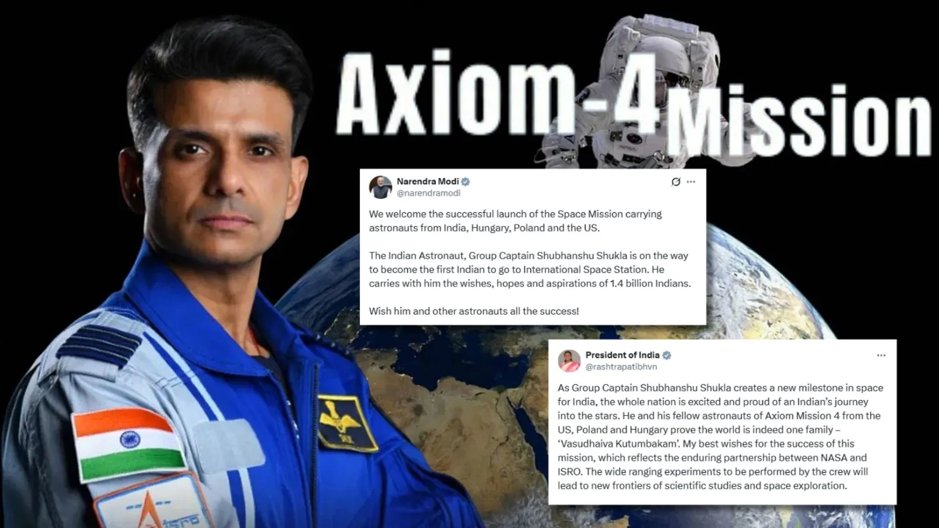'एक भारतीय की उड़ान से देश उत्साहित और गौरवान्वित' Axiom-4 Mission पर बोलीं राष्ट्रपति, PM ने बताया भारतीयों की उम्मीद 