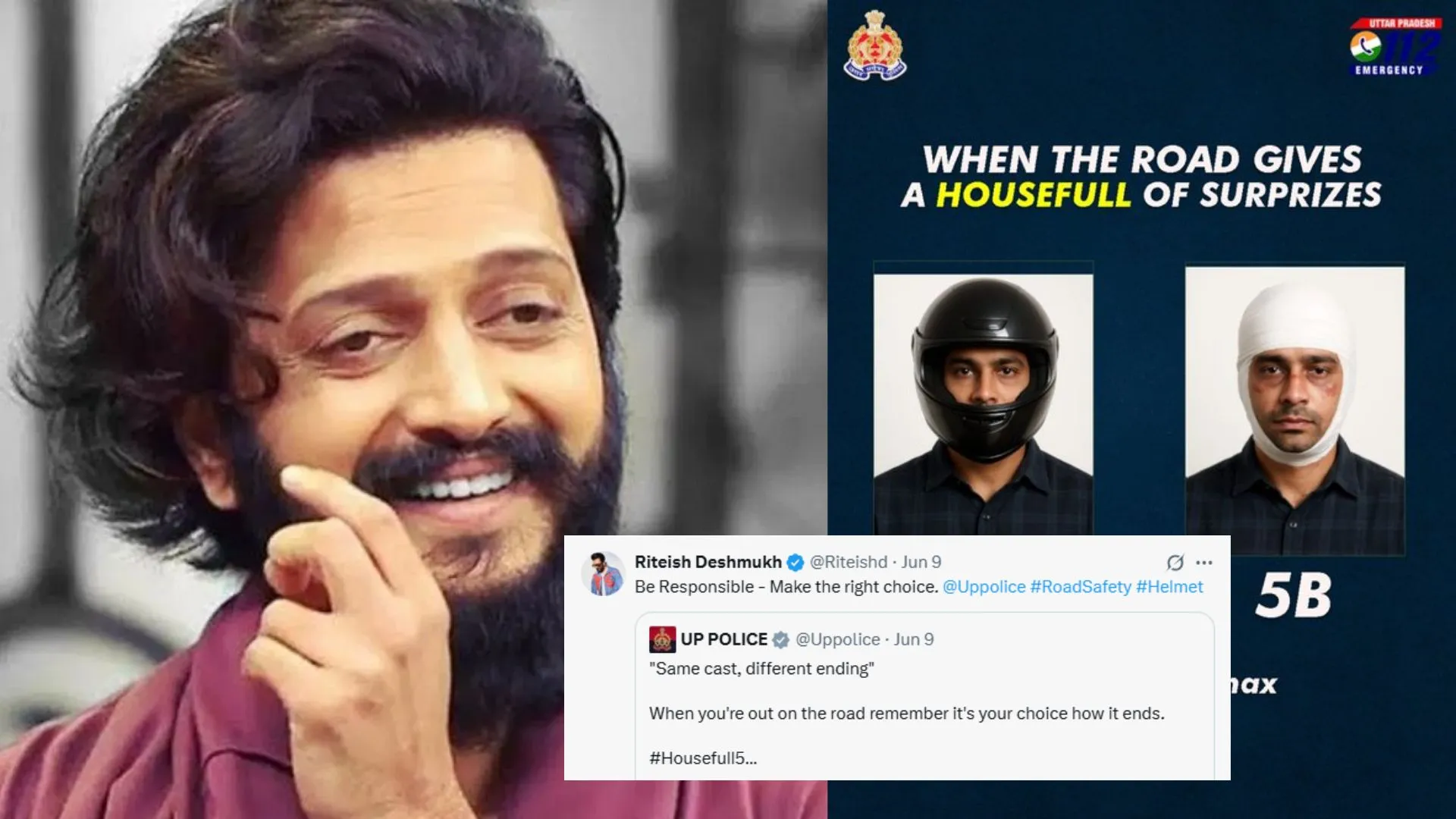 'Book Your Climax Wisely',  हाउसफुल-5 से प्रेरित सड़क सुरक्षा अभियान हुआ वायरल, यूपी पुलिस के पोस्ट को एक्टर रितेश देशमुख ने सराहा 