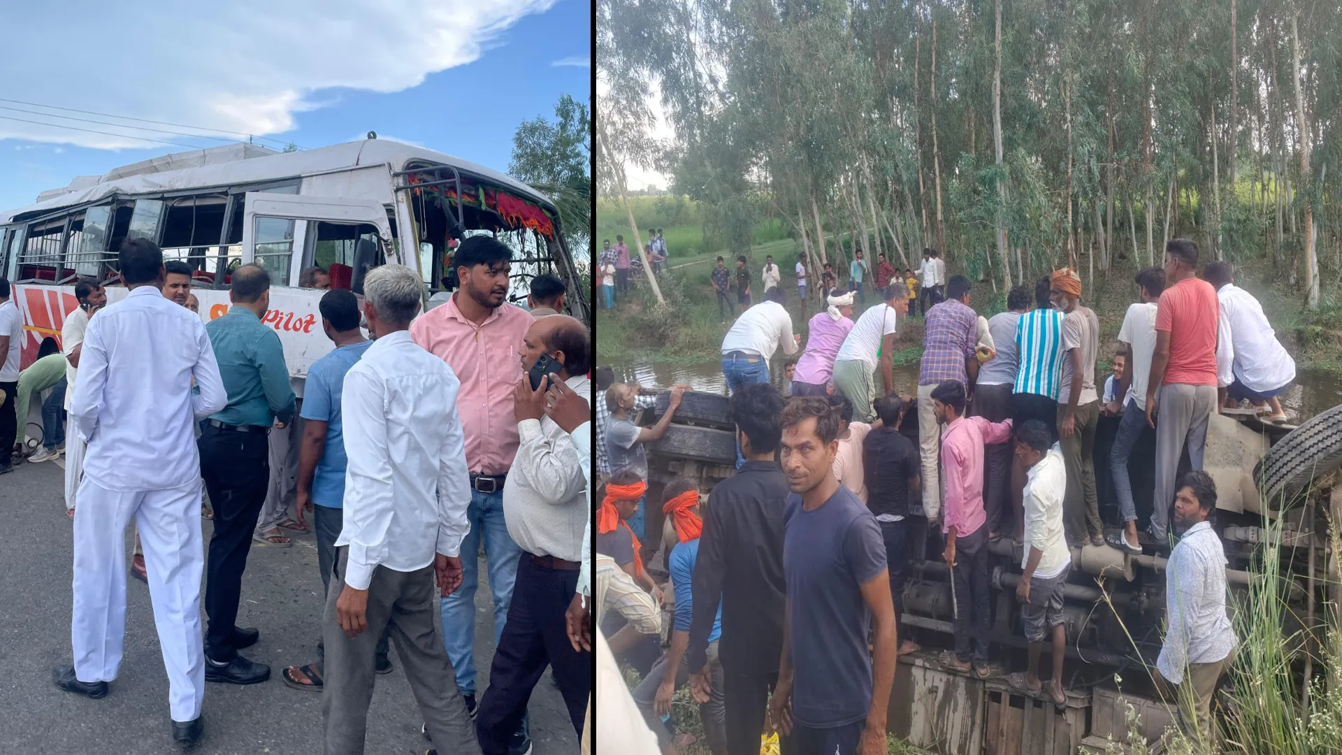 बदायूं : अनियंत्रित होकर खंती में पलटी निजी बस, महिला की मौत, 11 घायल