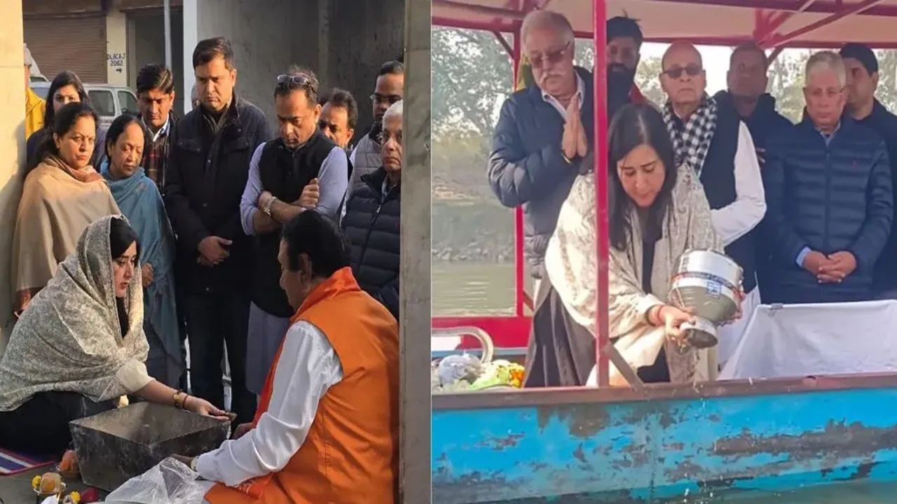 सांसद बांसुरी स्वराज ने नम आंखों से ब्रज घाट पर गंगा में विसर्जित कीं पिता की अस्थियां