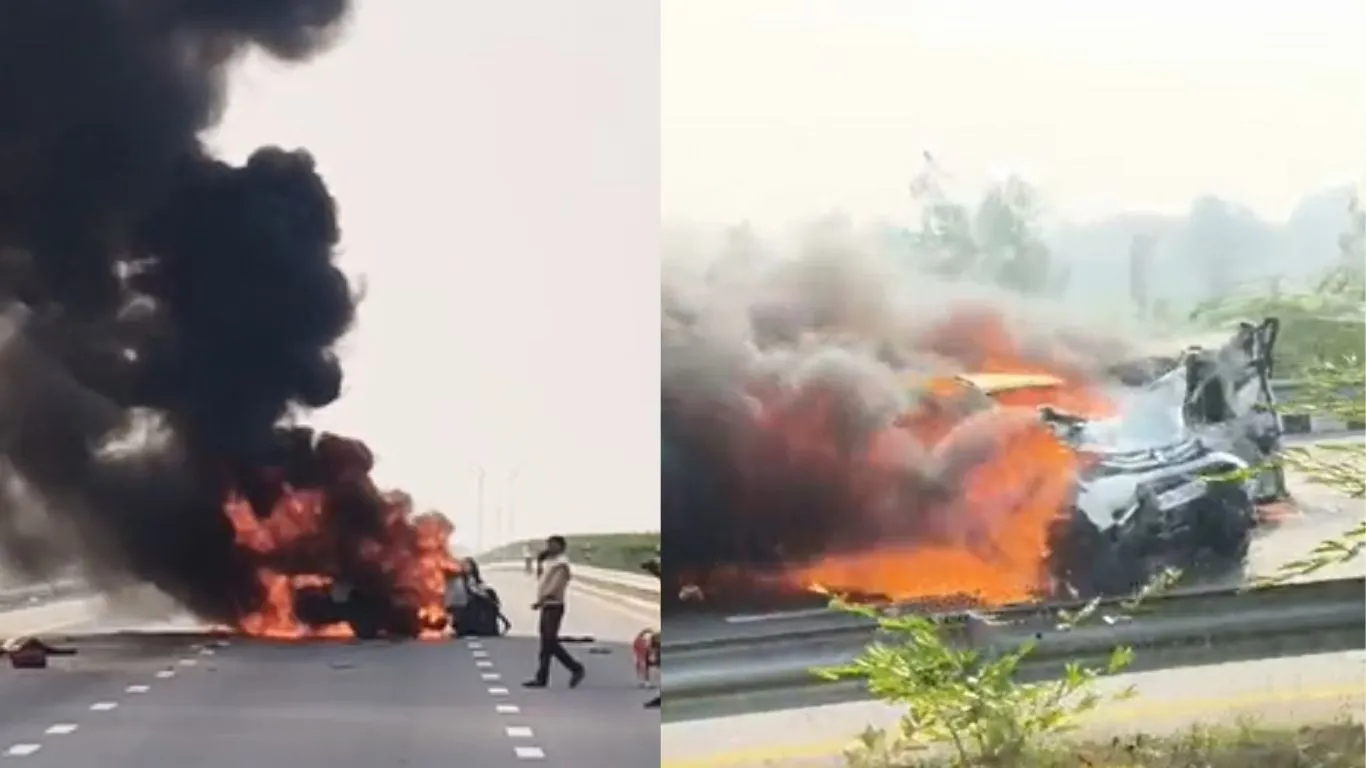 बाराबंकी में मौत का मंजर,  पूर्वांचल एक्सप्रेसवे पर तेज रफ्तार ब्रेज़ा की दूसरी कार से टक्कर, 5 की मौत, गाड़ियां धू-धू कर जलीं