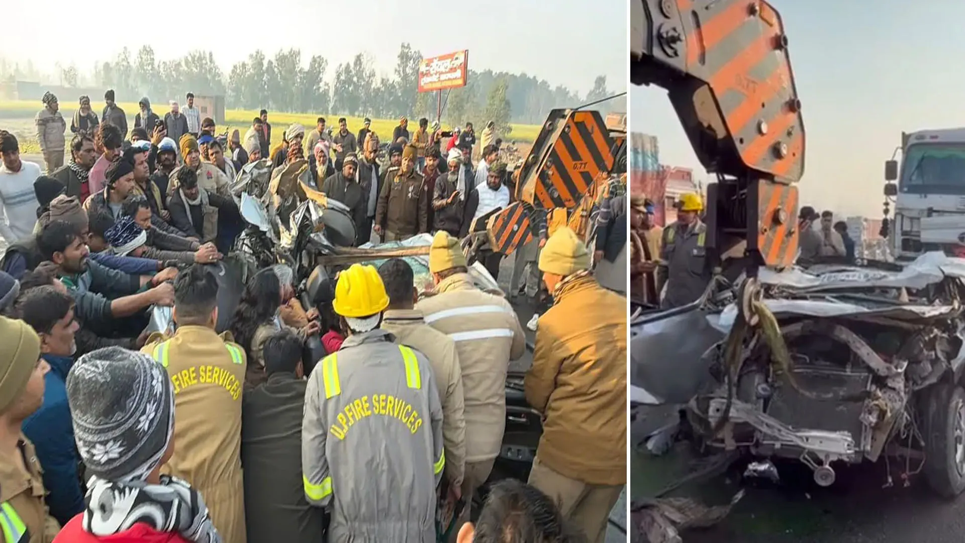 भीषण सड़क हादसा: दिल्ली-लखनऊ हाइवे पर दो ट्रकों के बीच फंसी कार , मासूम समेत दो की मौत