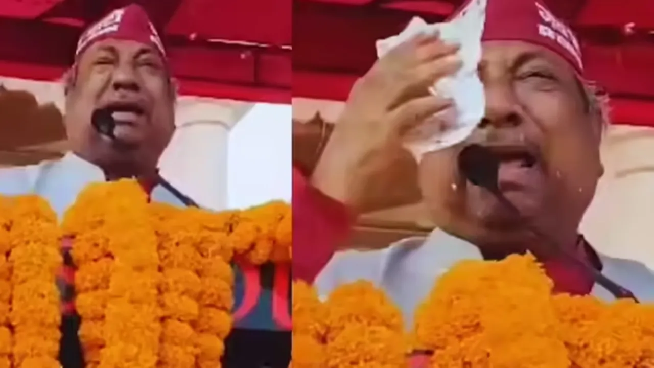 गोरखपुर रैली में भावुक हुए मंत्री संजय निषाद : मंच पर फूट-फूटकर रोए, कहा- छीना जा रहा हमारे लोगों का वोट 