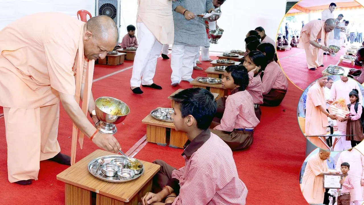 काशी में सीएम योगी ने परोसा मिड-डे मील,  शिवपुर कंपोजिट विद्यालय के बच्चों से बोले- रोज आना स्कूल