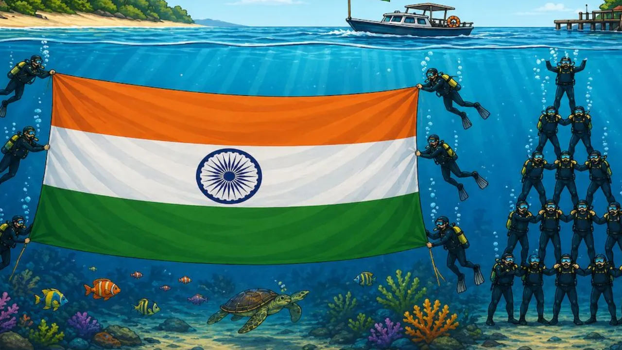 अंडमान में बना नया गिनीज वर्ल्ड रिकॉर्ड: राधानगर बीच पर समुद्र के भीतर फहराया गया दुनिया का सबसे बड़ा तिरंगा
