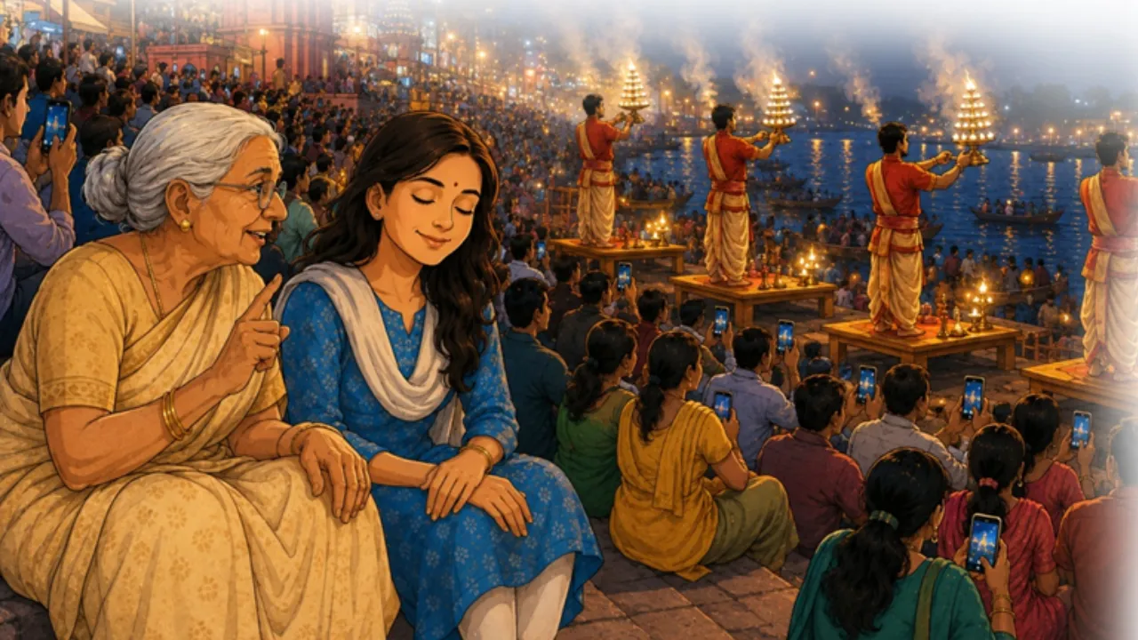 लधुकथा : गंगा आरती में मोबाइल vs मन की लड़ाई: वृद्धा की बात ने बदल दी रिया की आस्था