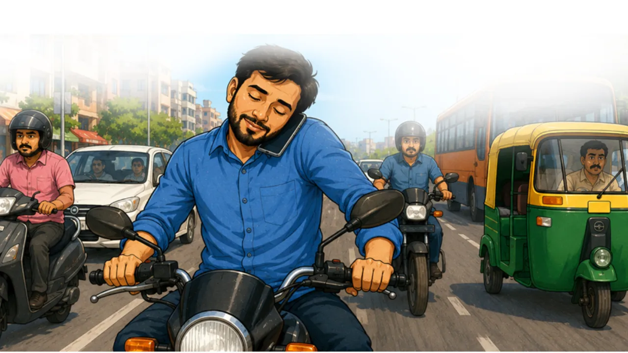 Satire: बाइक पर मोबाइल योग! कान-कंधे के बीच फोन दबाकर नया आसन, साइड इफेक्ट की 100% गारंटी