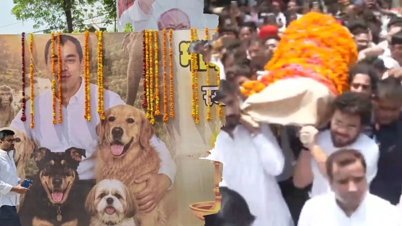 लखनऊ : बैकुंठ धाम पहुंच रही प्रतीक यादव की शव यात्रा, शव वाहन पर सवार हुए सांसद आदित्य यादव 