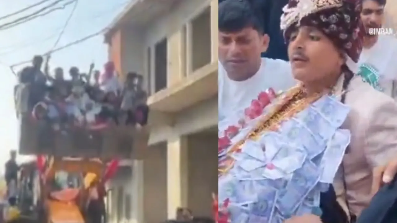 बैंड-बाजा और बुलडोजर वाली बारात,  दूल्हे की अनोखी शादी का वीडियो वायरल, हाईटेंशन लाइन के बीच बाल-बाल बची जान