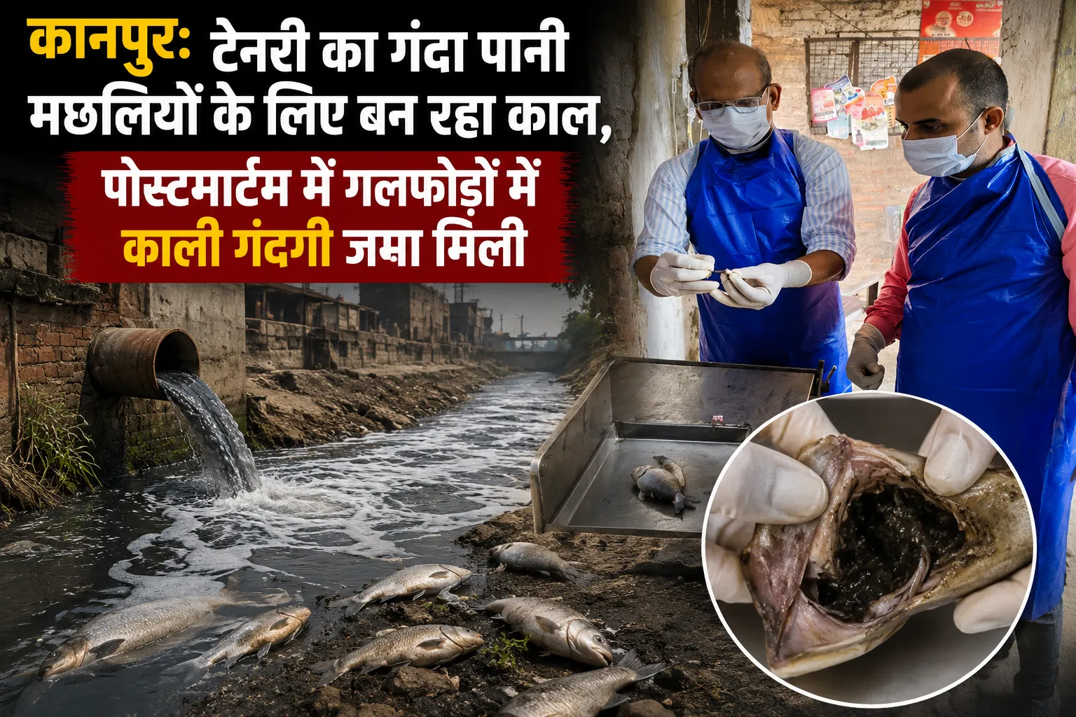 कानपुर: टेनरी का गंदा पानी मछलियों के लिए बन रहा काल, पोस्टमार्टम में गलफोड़ों में काली गंदगी जमा मिली