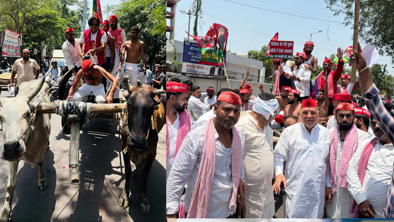 Lucknow News: लखनऊ में महंगाई के खिलाफ सपा का प्रदर्शन, बैलगाड़ी पर बैठकर कलेक्ट्रेट पहुंचे सपाई