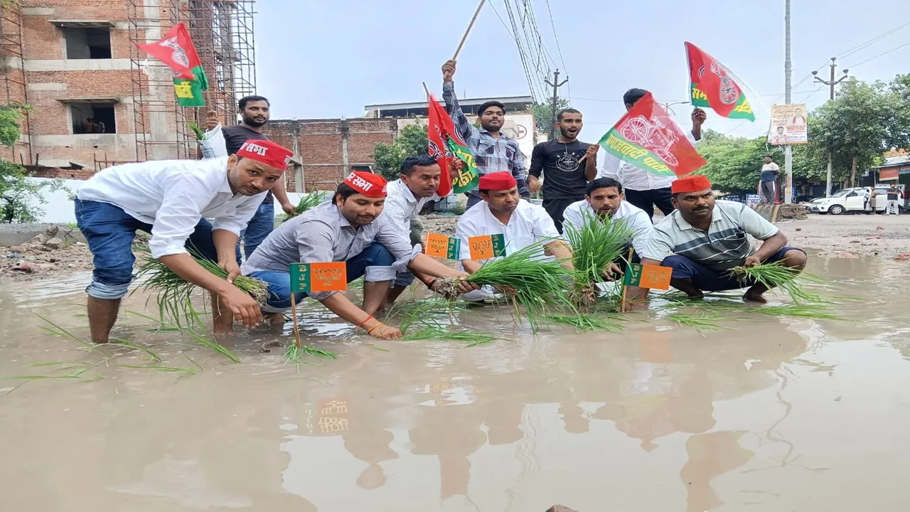 Hardoi News : हरदोई में जलभराव के विरोध में सड़क पर धान की रोपाई, सपा नेता ने कीचड़ में गाड़े भाजपा के झंडे