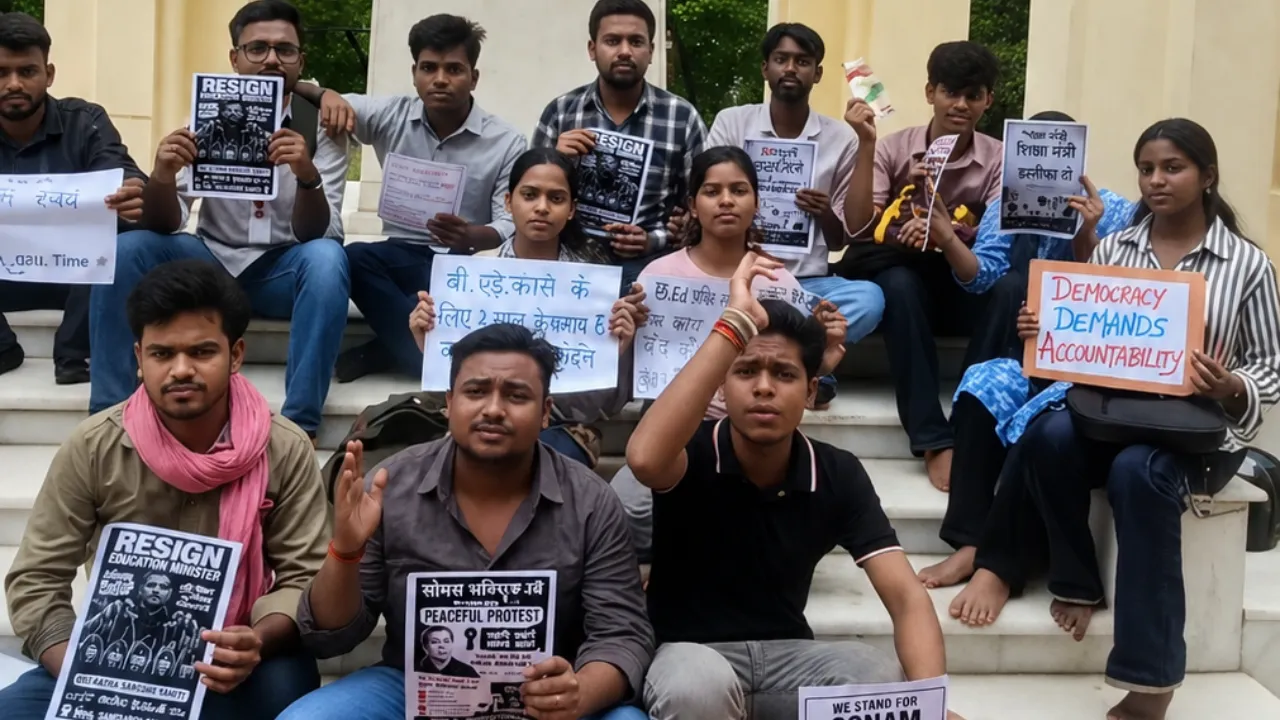 लखनऊ में छात्रों का प्रदर्शन: गांधी प्रतिमा पर धर्मेंद्र प्रधान के इस्तीफे की मांग, सोनम वांगचुक के समर्थन में उठी आवाज