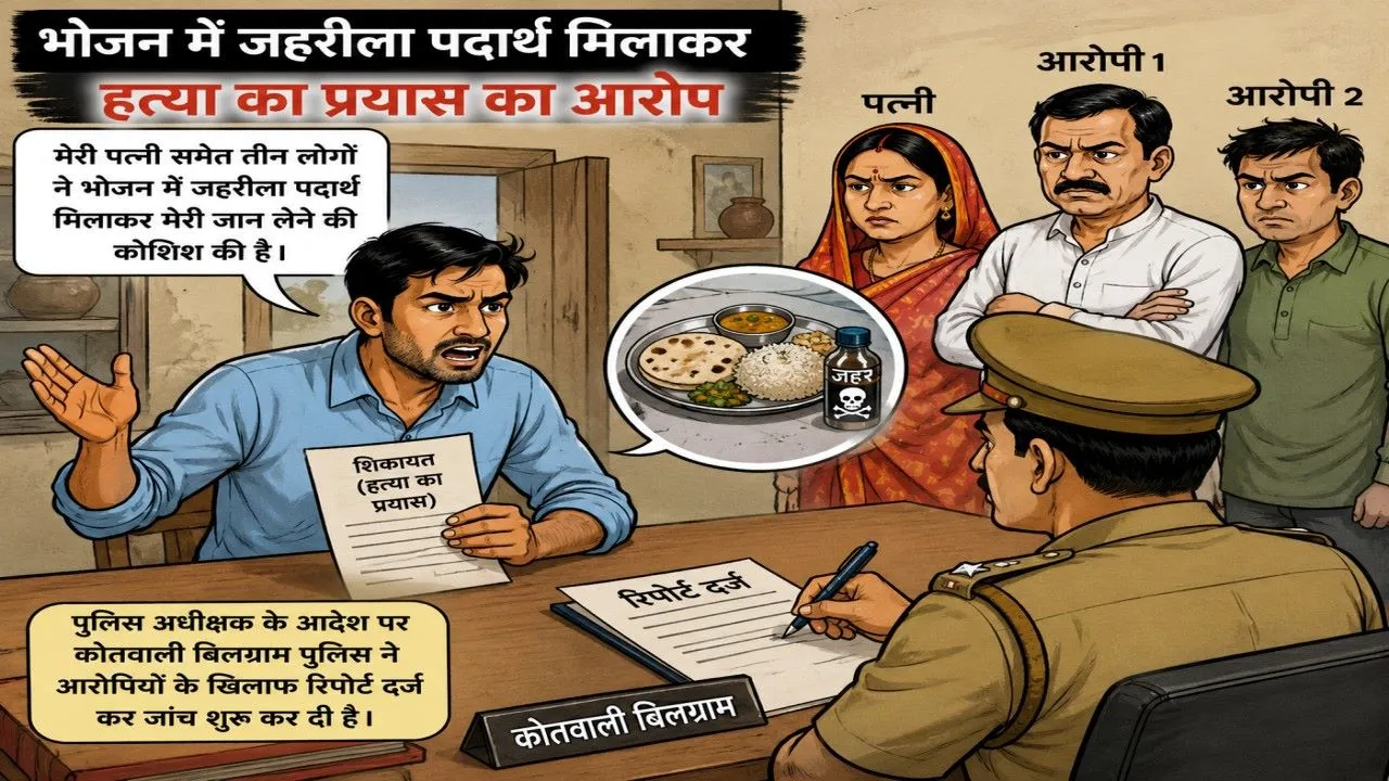 हरदोई : भोजन में जहर देकर हत्या की साजिश का आरोप, पत्नी समेत तीन के खिलाफ केस दर्ज