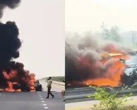 बाराबंकी में मौत का मंजर,  पूर्वांचल एक्सप्रेसवे पर तेज रफ्तार ब्रेज़ा की दूसरी कार से टक्कर, 5 की मौत, गाड़ियां धू-धू कर जलीं