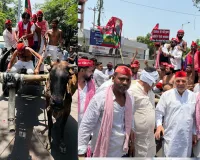 Lucknow News: लखनऊ में महंगाई के खिलाफ सपा का प्रदर्शन, बैलगाड़ी पर बैठकर कलेक्ट्रेट पहुंचे सपाई