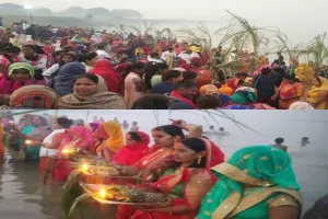 गोरखपुर: छठ व्रती महिलाओं ने राप्ती नदी के घाटों पर उगते सूर्य को दिया अर्घ्य