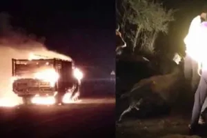 मिनी ट्रक में संदिग्ध परिस्थिति में लगी आग, 20 मवेशियों की मौत