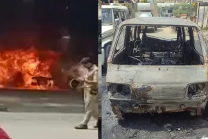 अयोध्या: लता मंगेशकर चौराहे के पास चलती मारुति वैन में लगी आग, मची अफरा-तफरी