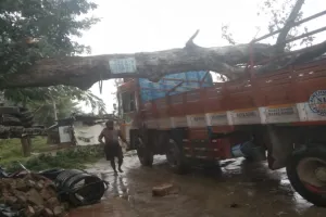 बहराइच में बदला मौसम - तेज आंधी से ट्रक पर गिरा पेड़, हवा में उड़ गया झूला