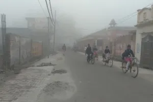 संभल: घने कोहरे में वाहनों की रफ्तार पर लगा ब्रेक, ठिठुरा जनमानस