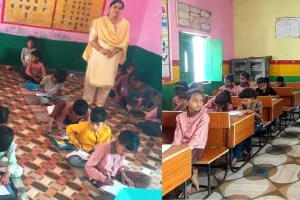 लखीमपुर खीरी में वार्षिक परीक्षा में छात्रों को बैठने के लिए नहीं मिले बेंच, जमीन पर बैठकर दी परीक्षा