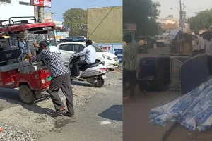 बदायूं: सड़क पर मौत का बुलावा, कॉलेज गेट के सामने गड्ढा बना हादसों का कारण