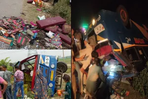 लखीमपुर खीरी : चालक को झपकी आने से खाई में पलटी श्रद्धालुओं से भरी बस, महिला की मौत, कई घायल