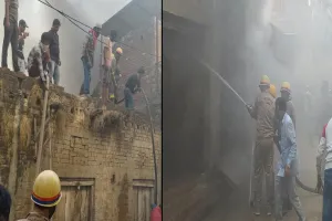 संभल : हैंडीक्राफ्ट कारखाने में लगी भीषण आग, कई घर भी आग की चपेट में