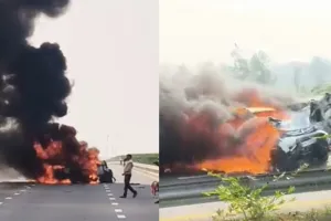 बाराबंकी में मौत का मंजर,  पूर्वांचल एक्सप्रेसवे पर तेज रफ्तार ब्रेज़ा की दूसरी कार से टक्कर, 5 की मौत, गाड़ियां धू-धू कर जलीं