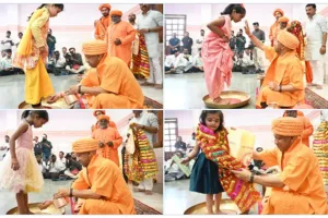 Chaitra Navratri : चैत्र नवरात्र की नवमी पर सीएम योगी ने किया कन्या पूजन, अपने हाथों कराया भोजन 