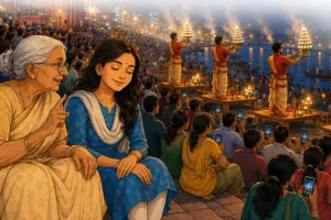 लधुकथा : गंगा आरती में मोबाइल vs मन की लड़ाई: वृद्धा की बात ने बदल दी रिया की आस्था