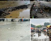 मुरादाबाद : बारिश में महानगर की सड़कें धंसी, गड्ढों में पानी भरने से तालाब की स्थिति