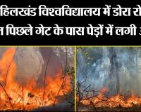 बरेली: रुहेलखंड विश्वविद्यालय में डोरा रोड स्थित पिछले गेट के पास पेड़ों में लगी आग 