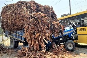 रामपुर : ओवरलोड लकड़ी से भरी ट्रैक्टर-ट्राली दो हिस्सों में बंटी, खंभा टूटा