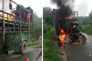 रामपुर : ट्रैक्टर-ट्रॉली के नीचे आने से बाइक सवार कांवड़िए की मौत, गुस्साए साथियों ने ट्रैक्टर-ट्रॉली में लगाई आग