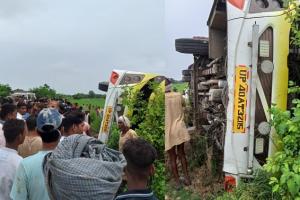 बहराइच: दिल्ली से आ रही सवारियों से भरी बस अनियंत्रित होकर पलटी, सात लोग घायल