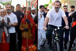 इंदौर से उज्जैन की ओर बढ़ी भारत जोड़ो यात्रा, साइकिल की सवारी करते दिखे राहुल गांधी 